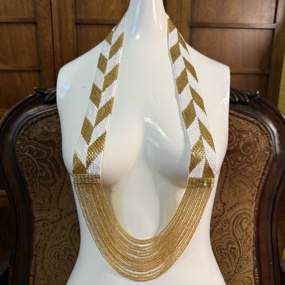 Himalayan Gems Potay Waterfall Necklace Andrew Stone White Gold Bugle Sead Bead